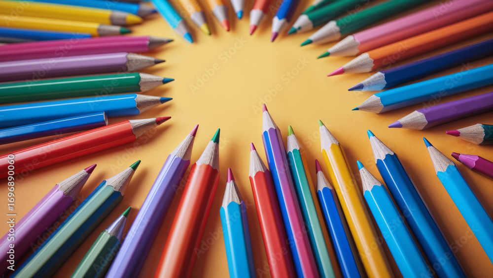 Fototapeta premium Colorful pencils arranged in a circular pattern around a message that reads 'Happy 1 September!' on a yellow background