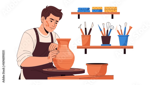 Artisan in Clay: An artisan meticulously shapes wet clay on a potter's wheel, a testament to craftsmanship and the patient creation of beautiful pottery.