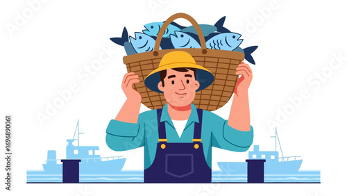 Fisherman's Harvest: A dedicated fisherman confidently carries a basket brimming with fresh fish, depicting his honest day's work and the fruits of the sea.