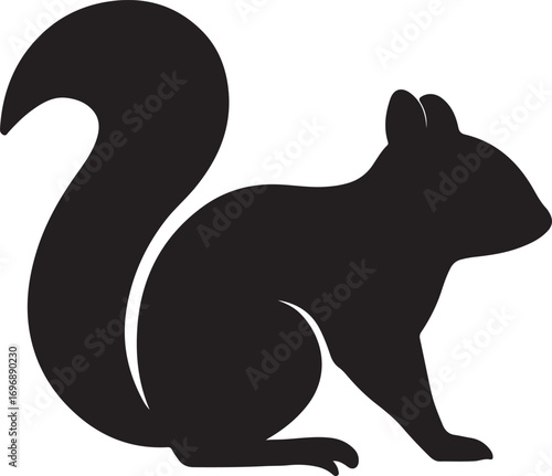 Black silhouette of a squirrel sitting with a bushy tail raised in profile view