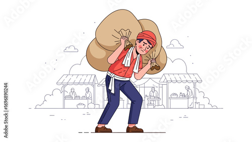 Farmer's Burden: A sturdy figure, bearing a heavy load across his shoulders, traverses through the market scene, with an air of resilience and the weight of his harvest.
