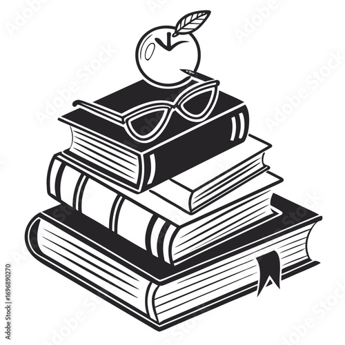 Stack of four books with glasses and an apple on a white background pile reading