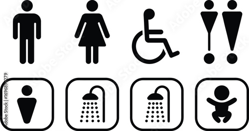 Collection of public restroom and facility pictograms for accessibility and amenities