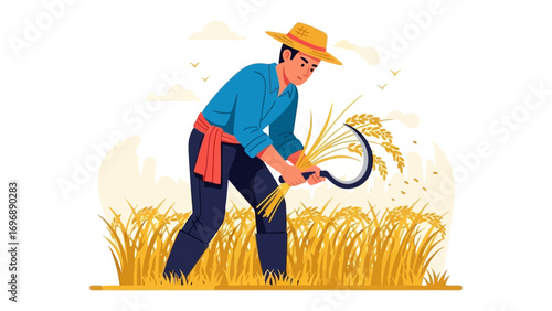 The Harvester in Golden Fields: A farmer diligently reaps a bountiful wheat harvest, his figure silhouetted against the warm, golden hues of a thriving field, symbolizing the essence of rural life.