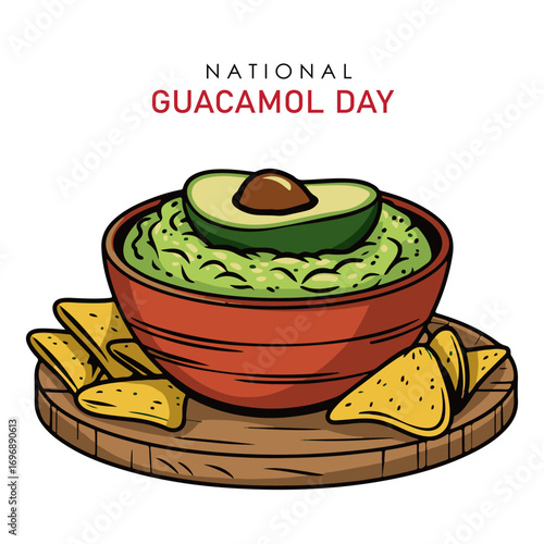 Guacamole. Mexican food. Traditional green sauce guacamole with nachos, avocado, chili and lime wedges. 3d vector illustration. Latin American National Dish National Guacamole Day