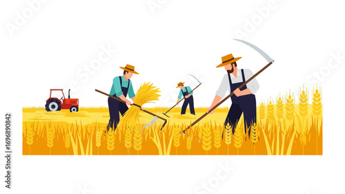 Harvest Time: Farmers working diligently in the field, using traditional tools and machines to harvest crops. capturing the essence of rural life.