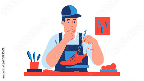 Shoemaker's Craft: Capturing the precision and care of a skilled shoemaker as he meticulously repairs a shoe, showcasing craftsmanship, attention to detail, and the art of restoration.