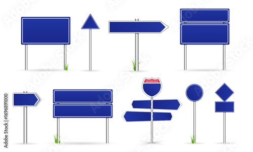 Vector Metal Road Signs on Steel Poles Set. Different Shapes 3D Realistic Blank Street Signboards, Direction Arrows and Green Roadside Signpost Plates Highway Traffic Illustrations Collection Isolated