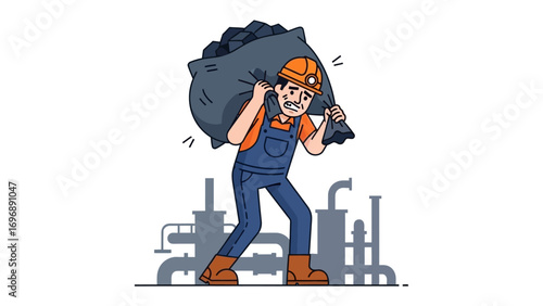 Coal Miner's Burden: A strong coal miner bears the weight of a heavy sack of coal. A symbol of perseverance in industry's toughest sector, symbolizing the demands placed on human strength.