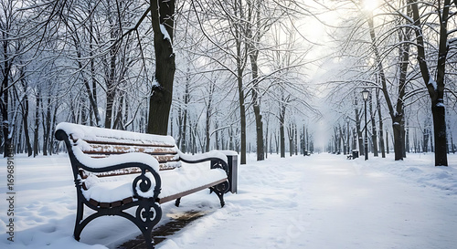A snow covered bench in a park with trees and snow on the ground and a path in the distance ai generated