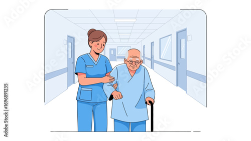 Compassionate Care: A caregiver assists a senior citizen walking down a hospital corridor, the image captures the essence of professional patient care and hospital environment.