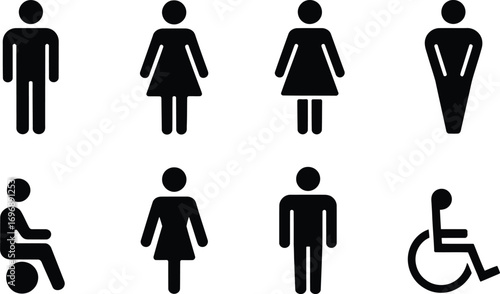 Collection of accessible restroom signs featuring male female and wheelchair symbols