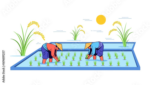 Agricultural Harmony: A stylized illustration captures the essence of rural agriculture, depicting two figures meticulously planting seedlings in a verdant paddy field.