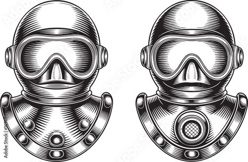 Vintage Engraving Style Diving Mask Vector Illustration Set Isolated on Transparent Background