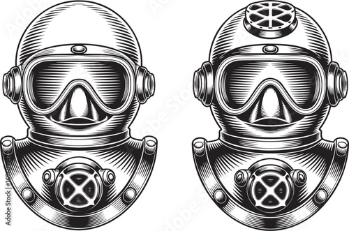 Vintage Engraving Style Diving Mask Vector Illustration Set Isolated on Transparent Background