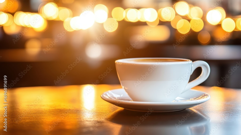 Obraz premium Warm Coffee Cup on Wooden Table with Bokeh Background Effects