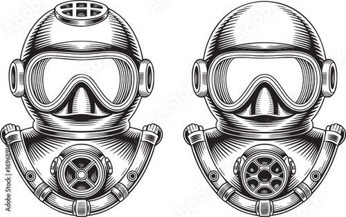 Vintage Engraving Style Diving Mask Vector Illustration Set Isolated on Transparent Background