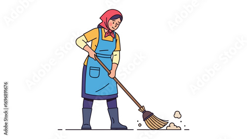 Cleaning and Housework: A domestic illustration captures the essence of home maintenance with a woman tidying with a broom, emphasizing hygiene.