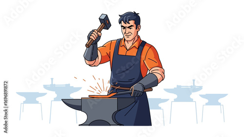 The Craftsman's Forge: A dedicated craftsman with a determined look on his face skillfully works on the anvil, using a heavy hammer to forge the hot metal into shape.