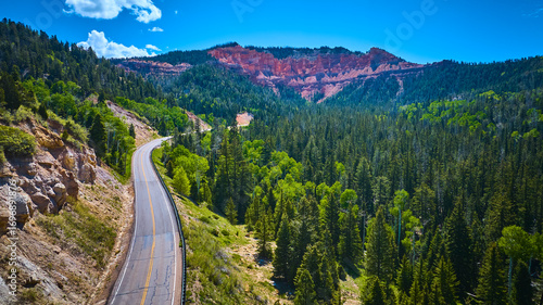 Foto Aerial Winding Road Pine Forest and Red Cliffs Dixie National Forest Utah