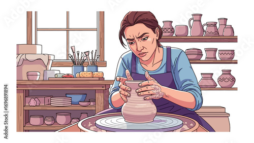 Ceramic Artist: Capturing the essence of artistry, this image portrays a dedicated ceramic artist sculpting a clay pot, surrounded by pottery and tools.