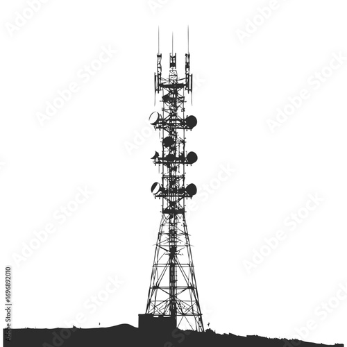 Cell tower vector set, telecommunication antenna towers with satellite dishes, 5G and 4G wireless network infrastructure, radio signal transmission, mobile communication mast silhouette illustration