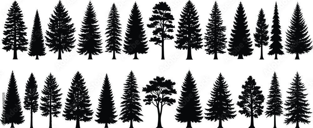 Fototapeta premium Black Tree Silhouettes Collection Featuring Diverse Deciduous and Coniferous Shapes for Nature, Forest, Landscape, Seasonal, and Botanical Design Themes