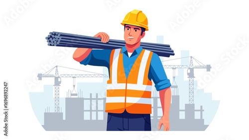 Construction Worker on Site: An illustration showcases a construction worker shouldering a bundle of steel rods, with buildings and cranes as backdrop.