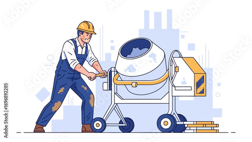 Construction worker with mixer: A determined construction worker, clad in work overalls, operates a sturdy cement mixer on a construction site, embodying dedication and precision.