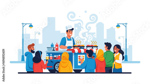 Street Food Scene: A bustling street food vendor serves a diverse crowd, capturing the essence of urban life, with appetizing steam rising from the cooking food.