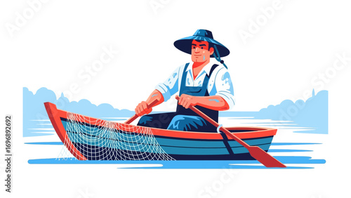Seafarer's Solitude: A solitary fisherman gracefully navigates his boat. He sets his net in pursuit of the daily catch. Capturing the essence of his connection with the sea.