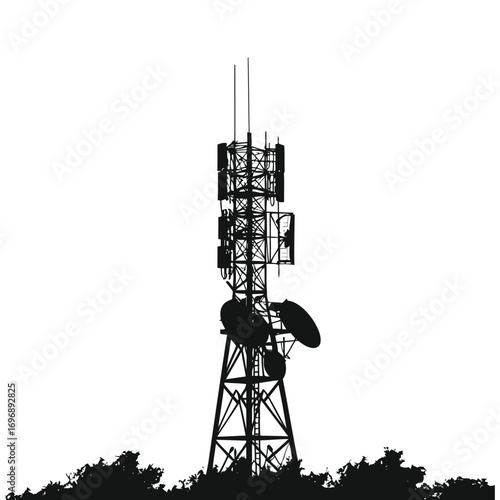 Cell tower vector set, telecommunication antenna towers with satellite dishes, 5G and 4G wireless network infrastructure, radio signal transmission, mobile communication mast silhouette illustration