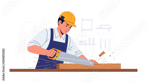 Carpenter at Work: A skilled carpenter focuses with precision, sawing through a piece of wood in his workshop, embodying craftsmanship and dedication.