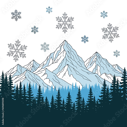 Snowy Mountain Peaks and Forest Winter Landscape Illustration