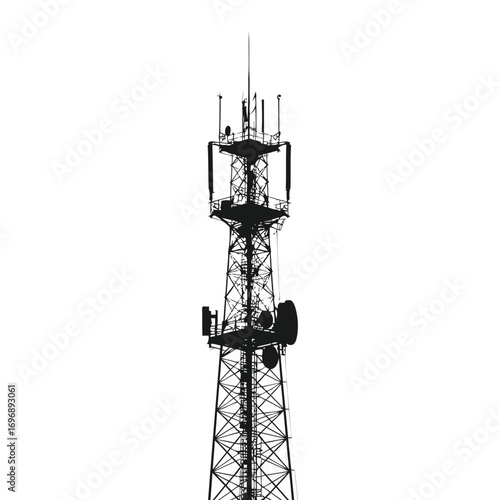Cell tower vector set, telecommunication antenna towers with satellite dishes, 5G and 4G wireless network infrastructure, radio signal transmission, mobile communication mast silhouette illustration