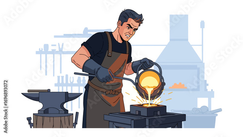 Forging the Future: A skilled craftsman pouring molten metal, his focused intensity is the art of creation, igniting curiosity and an appreciation for craftsmanship.