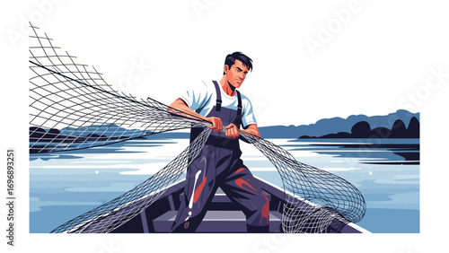 Fisherman Casting Nets: A determined fisherman, amidst the gentle sway of the river, casts his net, embodying the timeless art of catching food in an illustrative composition.