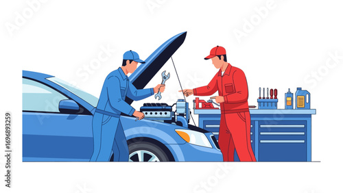 Mechanics at Work: Two skilled automotive mechanics collaborate on a car repair, working together in a professional workshop setting, focused on vehicle maintenance.