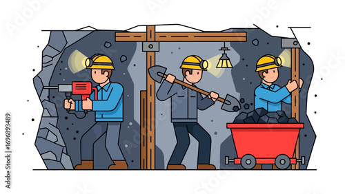 Hardworking Miners at Work: Energetic miners diligently work within a dimly lit mine, their focus and teamwork evident as they engage in mining activities. The image captures their collective effort.