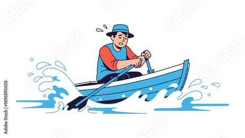 Struggling Rower: A lone individual battles against the waves in a small boat, the image portraying effort and determination in the face of adversity.