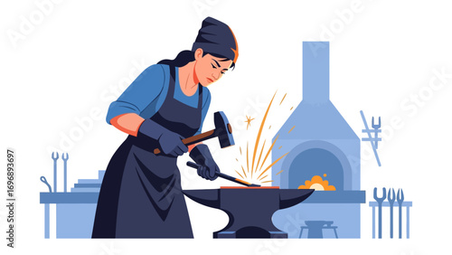 Blacksmith at Work: A female blacksmith, expertly wielding a hammer, forges metal at her anvil in this artful illustration. sparks fly.