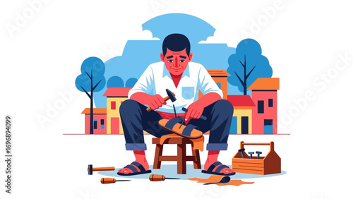 Artisan's Craftsmanship: An artisan meticulously works on a shoe, embodying the dedication and precision of skilled craftsmanship against the backdrop of a quaint village.