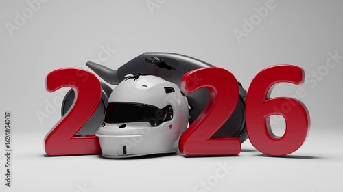 A futuristic motorcycle and a white helmet forming the zero in the year 2026. A concept for the future of speed, racing, and technology.