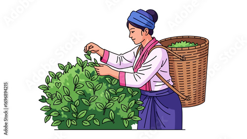 Tea harvester: A female tea harvester meticulously gathers fresh leaves, capturing the essence of a timeless agricultural practice, depicting the connection between nature and labor. 