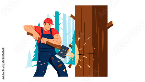 Lumberjack At Work: This illustration captures a strong lumberjack swinging an axe, cutting into a sturdy tree. The artwork encapsulates the essence of traditional labor.