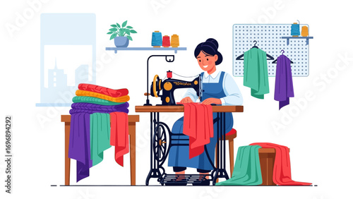 Tailor's Craft: A seamstress expertly operates a vintage sewing machine, surrounded by colorful fabrics, showcasing the art of tailoring and the meticulous details of garment creation.