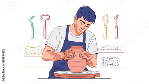 Crafting Pottery: An illustrated artisan diligently shapes wet clay on a pottery wheel, surrounded by essential tools of the trade, creating a serene artistic process.