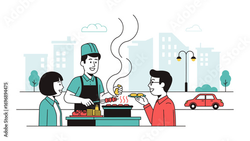 Street Food Vendor: A cheerful street food vendor serves customers, surrounded by the urban landscape, creating a vibrant scene of daily life and culinary delights.
