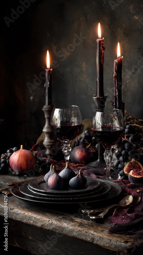 Dark Moody Halloween Table Setting with Figs.