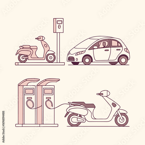 Clean Energy Vehicles — Isolated Vector Collection of EV Cars, Scooters, and Chargers